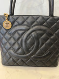 Pre Loved Chanel Vintage Medallion Tote in black caviar leather,