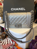 Preloved Chanel Boy Bag in Silver Metallic