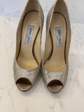 Pre Loved Jimmy Choo Luna Peeptoe Pump in Champagne Glitter UK 6