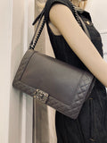 Pre Loved Chanel Medium Reverso Boy Bag in Grey Calf Leather.