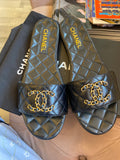 Pre Loved Chanel Black Quilted Goatskin Slide Mule with Chain CC Logo - UK 6.5 (fit uk5.5)