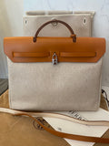 Pre Loved Hermes Toile Interchangeable Her Bag Satchel in Beige Canvas and Tan Leather (pristine - as new ) .