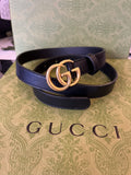 Gucci Narrow Black Leather GG Belt with Gold Buckle 70cm