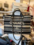 Pre Loved Chanel Deauville Tote Bag Leather Handles & Fabric & Chain Straps