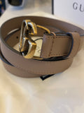 Gucci Narrow Taupe Leather GG Belt with Antique Gold Buckle - 85cm