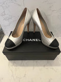 Pre Loved Chanel Silver Leather Platform Heels with Black Toe Detail Size UK 5.5