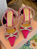 Pre Loved Mach and Mach fuschia satin heels with silver embellishment size UK 5 (New)
