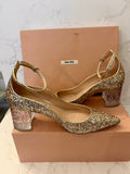 Pre Loved Miu Miu Gold Glitter Pumps with Clear Crystal Block Heel UK 5 New