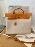 Pre Loved Hermes Toile Interchangeable Her Bag Satchel in Beige Canvas and Tan Leather (pristine - as new ) .