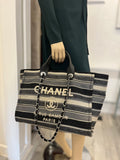 Pre Loved Chanel Deauville Tote Bag Leather Handles & Fabric & Chain Straps