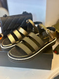 Pre Loved Chanel Black & Gold Striped Leather Sandals with Pearl Embellishment - UK 5.5 (Fit Size 6)