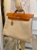 Pre Loved Hermes Toile Interchangeable Her Bag Satchel in Beige Canvas and Tan Leather (pristine - as new ) .