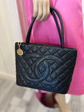 Pre Loved Chanel Vintage Medallion Tote in black caviar leather,
