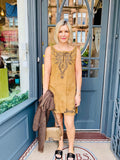 Hermes Rare Vintage Suede Dress with Hand Beaded Ethnic Embellishment FR38 UK 10