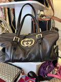 Pre Loved Gucci Britt Boston bag in black leather & interlocking GG