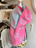Pre Loved Gucci Pink & Blue Wool Large GG Scarf