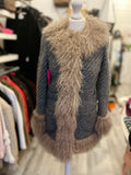 Pre Loved Dolce & Gabbana Grey Wool Knit Coat with Mongolian Lamb Fur Trim size 38 UK 6-8