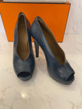 Pre Loved Hermes Military Blue Leather Gloria Peep Toe Pumps UK 3.5 (excellent)