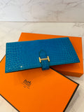 Pre Loved Hermes Bearn Wallet in Exotic Leather in Soufflé Blue (pristine unused)