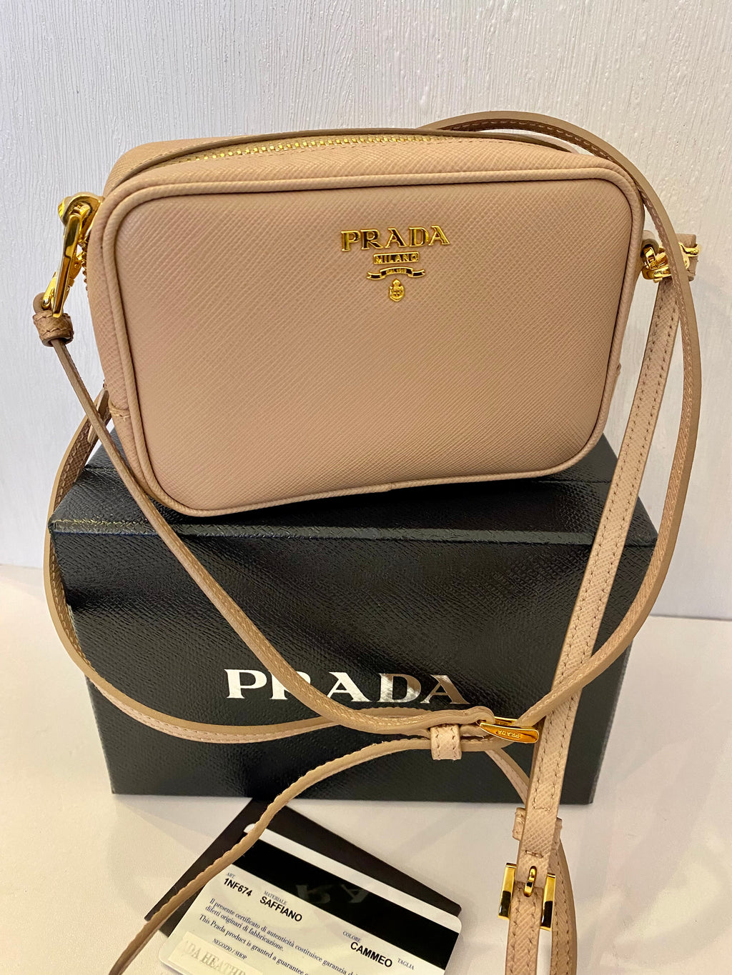 Pre Loved Prada Mini Saffiano Camera Bag in Cammeo excellent