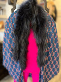 Pre Loved Fendi Fur Trimmed Silk & Wool Shawl in Blue & Pink **reserved AD**