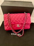 Pre Loved Chanel Classic Double Flap Bag in Cerise Pink Patent Leather