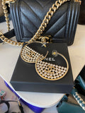 Pre Loved Chanel Light Gold Tone Metal Strass Crystal CC Hoop Earrings - NEW