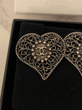 Pre Loved Chanel Vintage Ruthenium Heart Shaped CC Logo Earrings
