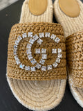 Gucci Raffia Espadrille Sandals with Crystal GG Logo UK6