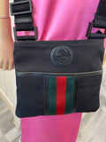 Pre Loved Gucci Black Nylon Messenger Bag with Web Stripe