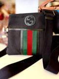 Pre Loved Gucci Black Nylon Messenger Bag with Web Stripe