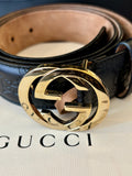Pre Loved Gucci Black Guccissima leather belt with interlocking G buckle in gold 95cm