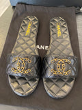 Pre Loved Chanel Black Quilted Goatskin Slide Mule with Chain CC Logo - UK 6.5 (fit uk5.5)