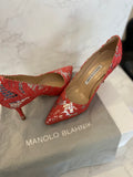 Pre Loved Manolo Blahnik Silver & Coral Lace Heels UK 4