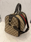 Pre Loved Gucci Boston Bowling Bag in GG Monogram Canvas with Green & Red Web Stripe