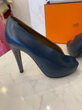 Pre Loved Hermes Military Blue Leather Gloria Peep Toe Pumps UK 3.5 (excellent)