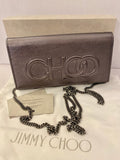 Pre Loved Jimmy Choo Pewter Metallic Leather Clutch / Wallet on Chain (excellent)