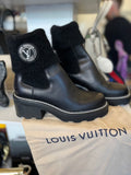 Louis Vuitton Beaubourg Black Leather Ankle Boots Knit Cuffs UK 6