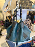 Pre Loved Mulberry Millie tote bag in green leather with webbing strap