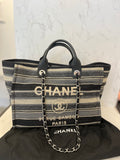 Pre Loved Chanel Deauville Tote Bag Leather Handles & Fabric & Chain Straps