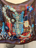 Pre Loved Hermes Le Labororatoire du Temps 90cm silk scarf in brown and blues (new)