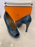 Pre Loved Hermes Military Blue Leather Gloria Peep Toe Pumps UK 3.5 (excellent)