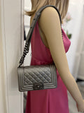 Preloved Chanel Boy Bag in Silver Metallic