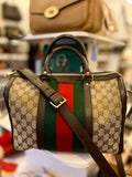 Pre Loved Gucci Boston Bowling Bag in GG Monogram Canvas with Green & Red Web Stripe