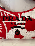 Pre Loved Prada Re-Edition 2000 Embroidered Drill Mini Bag in Red and Cream