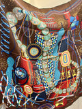 Pre Loved Hermes Le Labororatoire du Temps 90cm silk scarf in brown and blues (new)