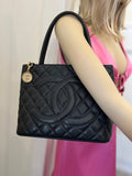 Pre Loved Chanel Vintage Medallion Tote in black caviar leather,
