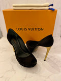 Pre Loved Louis Vuitton Black Suede Peep Toe Heels with Gold Tone Heels UK5
