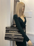 Pre Loved Chanel Deauville Tote Bag Leather Handles & Fabric & Chain Straps