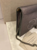 Pre Loved Jimmy Choo Pewter Metallic Leather Clutch / Wallet on Chain (excellent)